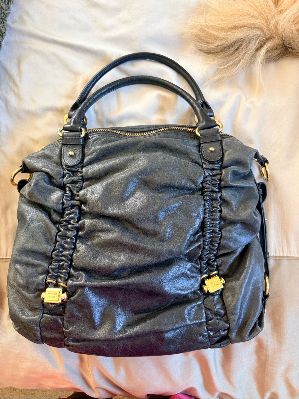 Badgley Mischka Black Leather Oversized Ruched Satchel Gold Hardware